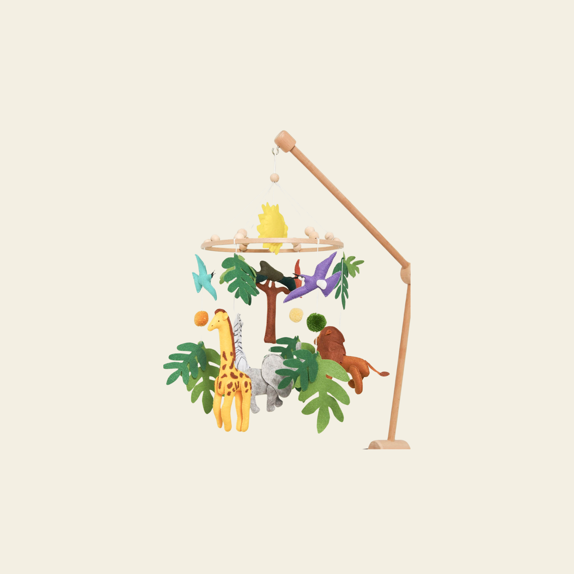 colorful safari baby mobile with wooden hanger for nursery