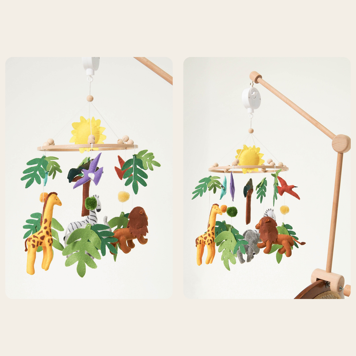 wooden baby mobile with giraffe lion and jungle leaves